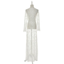 European Style Womens Sexy Lace Embroidery Maxi Solid White Dress Long Sleeve Deep V Neck Vestidos Plus Size M-XL EF8