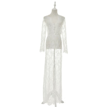 European Style Womens Sexy Lace Embroidery Maxi Solid White Dress Long Sleeve Deep V Neck Vestidos Plus Size M-XL EF8