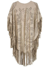 Design Coat Shawl Beige Cream Floral Cut Out Asymmetric Fringe Tasseled Kimono Cover EF8