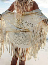 Design Coat Shawl Beige Cream Floral Cut Out Asymmetric Fringe Tasseled Kimono Cover EF8