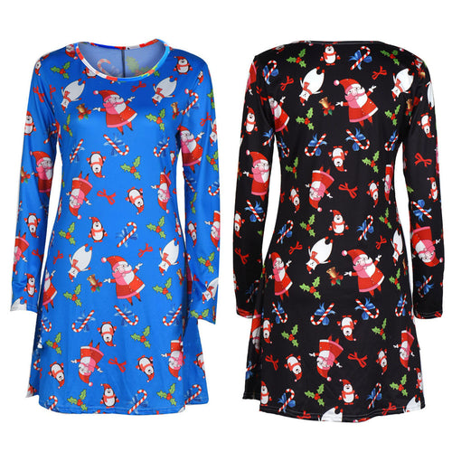 Ladies Women Long Sleeve Olaf Santa Printing O-neck Party Elegant Swing Dress Plus Size S-XL Vestidos EF8