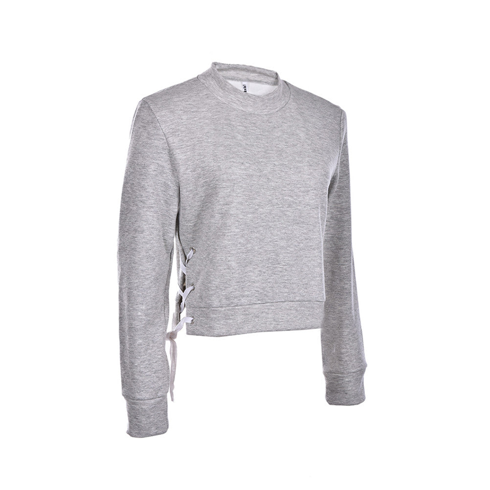 O-neck ladies sweatshirt warm hoodies Gray crop top long sleeve girls Tops chic lace up sweatshirt Women tops S M L EF8