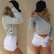 O-neck ladies sweatshirt warm hoodies Gray crop top long sleeve girls Tops chic lace up sweatshirt Women tops S M L EF8