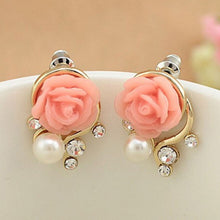 OL Pink Rose Flower Shiny Crystal Rhinestone Pearl Stud Earrings Women Jewelry Korean Style EF8