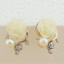 OL Pink Rose Flower Shiny Crystal Rhinestone Pearl Stud Earrings Women Jewelry Korean Style EF8