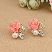 OL Pink Rose Flower Shiny Crystal Rhinestone Pearl Stud Earrings Women Jewelry Korean Style EF8