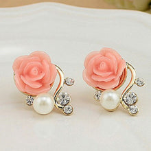 OL Pink Rose Flower Shiny Crystal Rhinestone Pearl Stud Earrings Women Jewelry Korean Style EF8