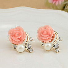 OL Pink Rose Flower Shiny Crystal Rhinestone Pearl Stud Earrings Women Jewelry Korean Style EF8