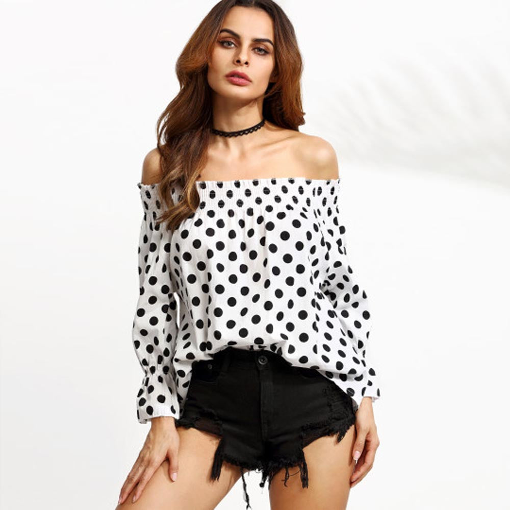 Off Shoulder Women Blouses Sexy Long Sleeve Chiffon Polka dot Plus Size Ladies Blouse Casual Tops Clothing Shirt EF8