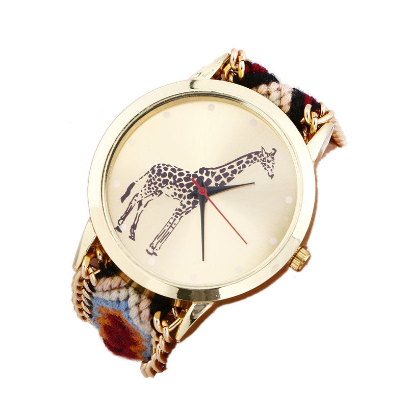 Overmal Giraffe Pattern Weaved Rope Band Bracelet Quartz Dial Watch EF8