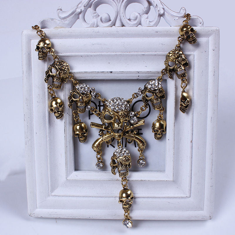 Pirates of the Caribbean Design Choker Jewelry Vintage Bones Chains Rhinestones Skulls Pendants Necklaces EF8