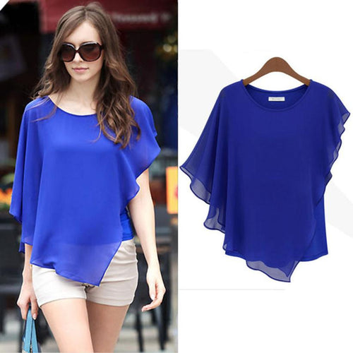 Plus Size Women Chiffon Tops And Blouses Fashion Ruffles Batwing Short Sleeve Shirt Ladies Casual Loose Clothing EF8