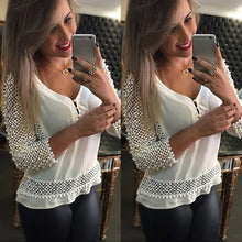 Plus Size Women Fashion Loose Chiffon V-Neck Tops Three Quarter Sleeve Hollow Out Shirt Casual Three Quarter Blouse EF8