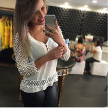 Plus Size Women Fashion Loose Chiffon V-Neck Tops Three Quarter Sleeve Hollow Out Shirt Casual Three Quarter Blouse EF8