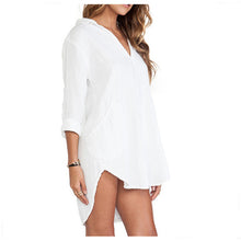 Pocket Pullover Long Blouse Plain White Long Sleeve Shirt Loose Long to Hip Camisas Mini Sexy Dress for Women Girls EF8