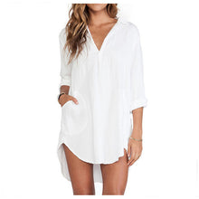 Pocket Pullover Long Blouse Plain White Long Sleeve Shirt Loose Long to Hip Camisas Mini Sexy Dress for Women Girls EF8