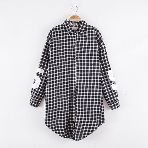 Red Women Boyfriend BF Style Monogrammed Plaid Long Sleeves Long Oversized Loose Shirt W  Back Letter   Numbers Print EF8