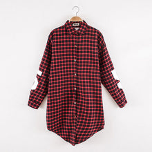 Red Women Boyfriend BF Style Monogrammed Plaid Long Sleeves Long Oversized Loose Shirt W  Back Letter   Numbers Print EF8