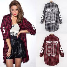 Red Women Boyfriend BF Style Monogrammed Plaid Long Sleeves Long Oversized Loose Shirt W  Back Letter   Numbers Print EF8