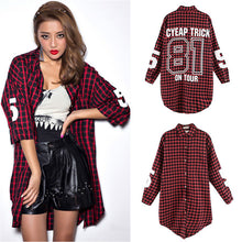 Red Women Boyfriend BF Style Monogrammed Plaid Long Sleeves Long Oversized Loose Shirt W  Back Letter   Numbers Print EF8