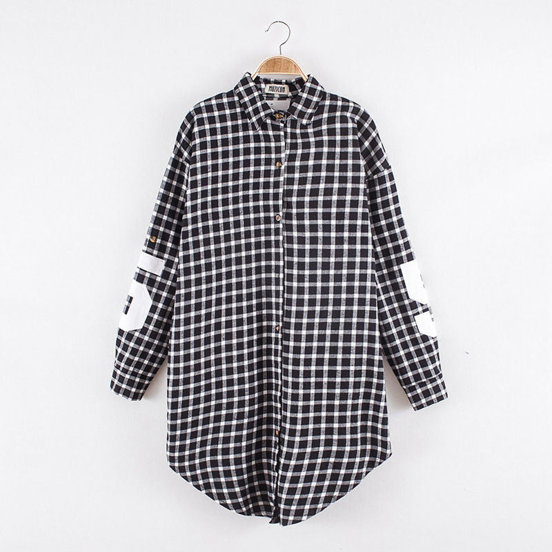 Red Women Boyfriend BF Style Monogrammed Plaid Long Sleeves Long Oversized Loose Shirt W  Back Letter   Numbers Print EF8