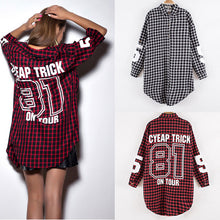 Red Women Boyfriend BF Style Monogrammed Plaid Long Sleeves Long Oversized Loose Shirt W  Back Letter   Numbers Print EF8