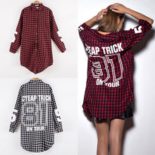 Red Women Boyfriend BF Style Monogrammed Plaid Long Sleeves Long Oversized Loose Shirt W  Back Letter   Numbers Print EF8