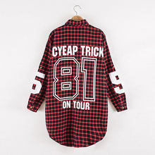 Red Women Boyfriend BF Style Monogrammed Plaid Long Sleeves Long Oversized Loose Shirt W  Back Letter   Numbers Print EF8
