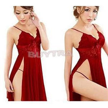 Red sexy long dressing night gown transparent dress evening nightgown nightie sleepwear lingerie for women EF8