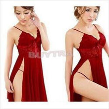 Red sexy long dressing night gown transparent dress evening nightgown nightie sleepwear lingerie for women EF8