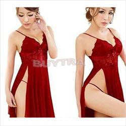 Red sexy long dressing night gown transparent dress evening nightgown nightie sleepwear lingerie for women EF8