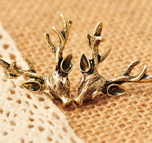 Retro Bronze Deer Antlers Earrings Vintage Ear Stud Earings For Women Jewelry  EF8