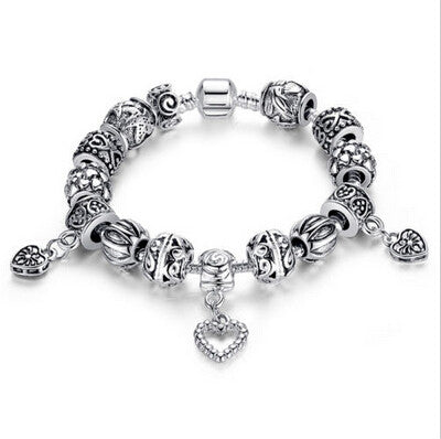 Retro DIY Beads Bracelet Snake Chain Heart Design Charm Bracelet Jewelry For Women 18cm 20cm EF8