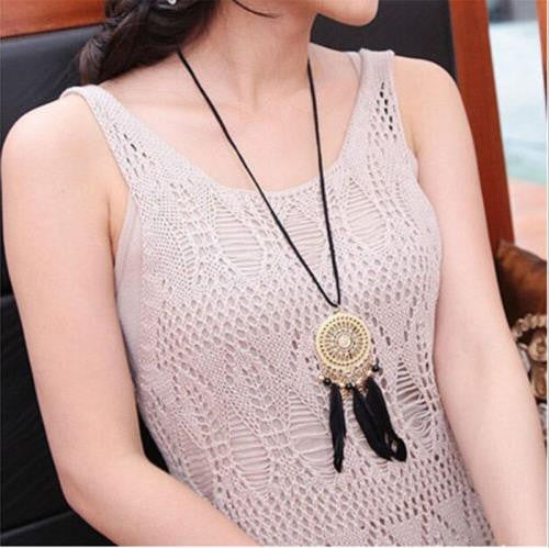 Retro Exquisite Indian Feather Leaf Hollow Lace Circle Dream Catcher Bohemia Lady Dress Sweater Necklace EF8