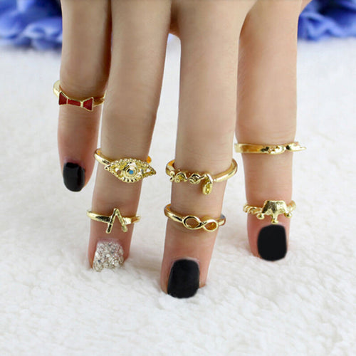 Retro Gold Finger Rings For Women 7pc Crown Bowknot Knuckle Ring Set EF8