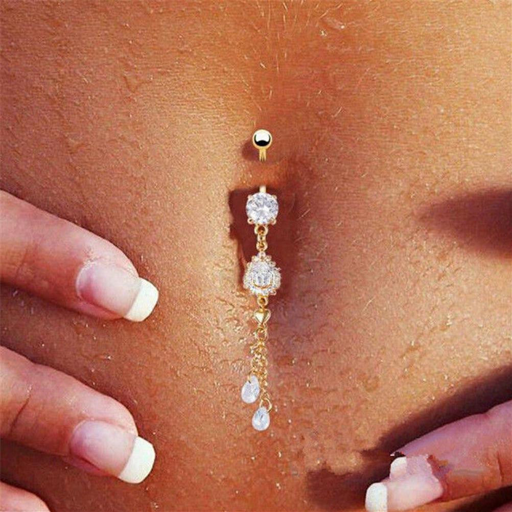 Rhinestone Dangle Chain Piercing Jewelry Navel Belly Button Bar Barbell Rings Body Jewelry  EF8