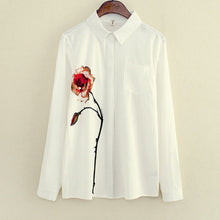 Rose Flower Printed Long Sleeve Blouse Women Turn Down Collar Chiffon Shirts White Big Size Women Clothes EF8