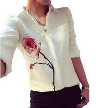 Rose Flower Printed Long Sleeve Blouse Women Turn Down Collar Chiffon Shirts White Big Size Women Clothes EF8