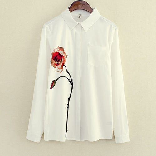 Rose Flower Printed Long Sleeve Blouse Women Turn Down Collar Chiffon Shirts White Big Size Women Clothes EF8