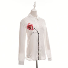 Rose Flower Printed Long Sleeve Blouse Women Turn Down Collar Chiffon Shirts White Big Size Women Clothes EF8