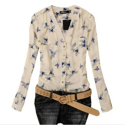 S-XL Plus Size Women Elegant Bird Print Blouse Long Sleeve Casual Slim Shirts Women Chiffon Tops EF8