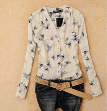 S-XL Plus Size Women Elegant Bird Print Blouse Long Sleeve Casual Slim Shirts Women Chiffon Tops EF8