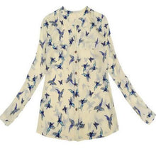 S-XL Plus Size Women Elegant Bird Print Blouse Long Sleeve Casual Slim Shirts Women Chiffon Tops EF8