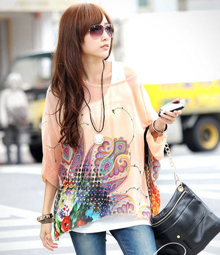 exy Womens Batwing Dolman Sleeve Chiffon Shirt Bohemian Tops Blouse ping EF8