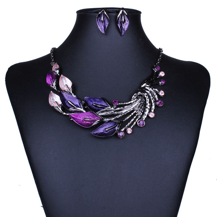 Elegant Women Lady Purple Peacock Enamel Bib Necklace Stud Earrings Set ping EF8