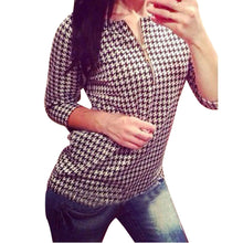 Fashion Women Houndstooth Pattern Shirt Zipper Casual Slim Tops Blouse EF8