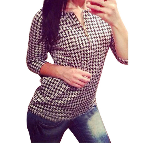 Fashion Women Houndstooth Pattern Shirt Zipper Casual Slim Tops Blouse EF8