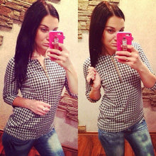 Fashion Women Houndstooth Pattern Shirt Zipper Casual Slim Tops Blouse EF8