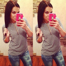 Fashion Women Houndstooth Pattern Shirt Zipper Casual Slim Tops Blouse EF8