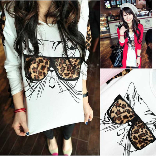 Fashion Women Wearing Leopard Glasses Kitten Cat Personality T-Shirt EF8